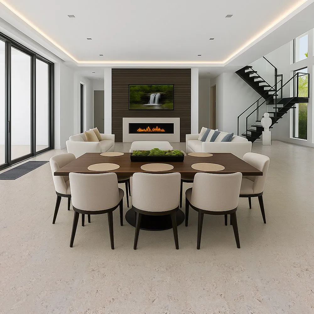 Open concept dining and living space featuring ceramic marble style cork flooring