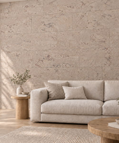 Ceramic Marble glue-down cork tiles on a living room accent wall — visualization
