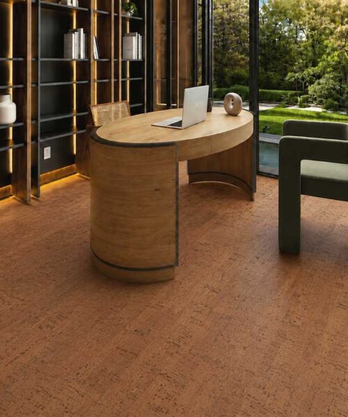 Cherry Line - 7/16" (11mm) - Swiss Real Cork Floating (FCHL11) Sustainable Cherry Line cork flooring with warm linear detail complements a curved desk and illuminated bookshelves.