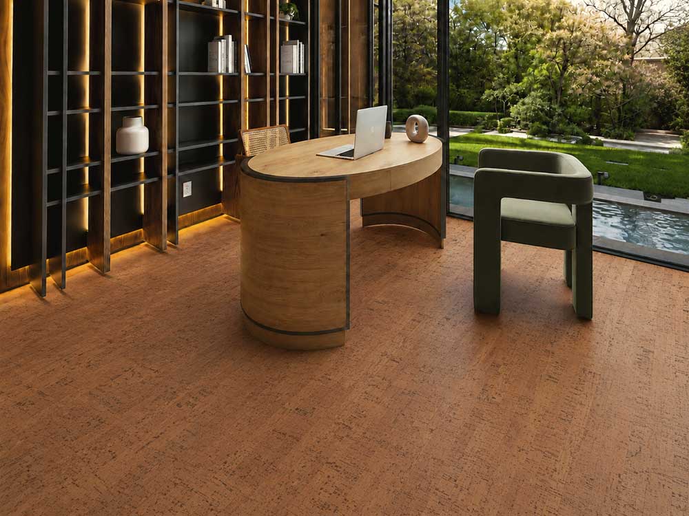 Cherry Line - 7/16" (11mm) - Swiss Real Cork Floating (FCHL11) Sustainable Cherry Line cork flooring with warm linear detail complements a curved desk and illuminated bookshelves.