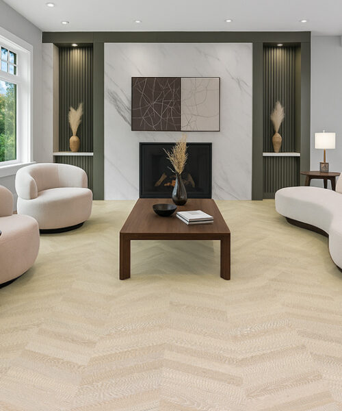 Elegant living room showcasing pale Clara Chevron cork flooring with modern curved furniture.