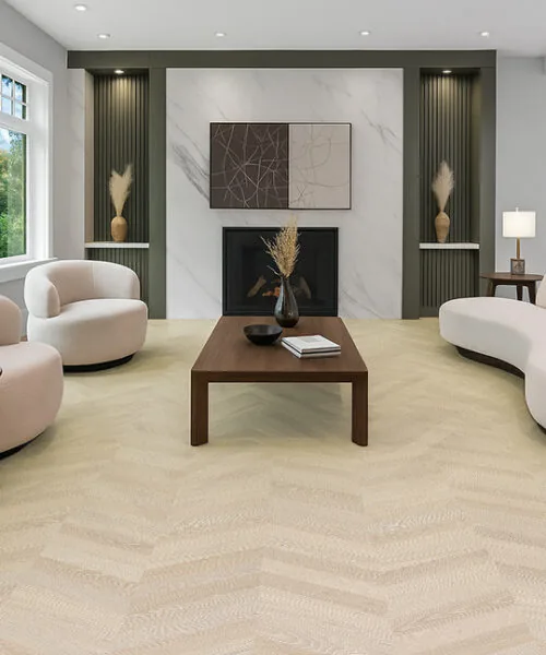 Elegant living room showcasing pale Clara Chevron cork flooring with modern curved furniture.