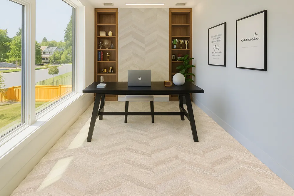 Bright home office with a large desk and light Clara Chevron cork flooring arranged in a chevron pattern.