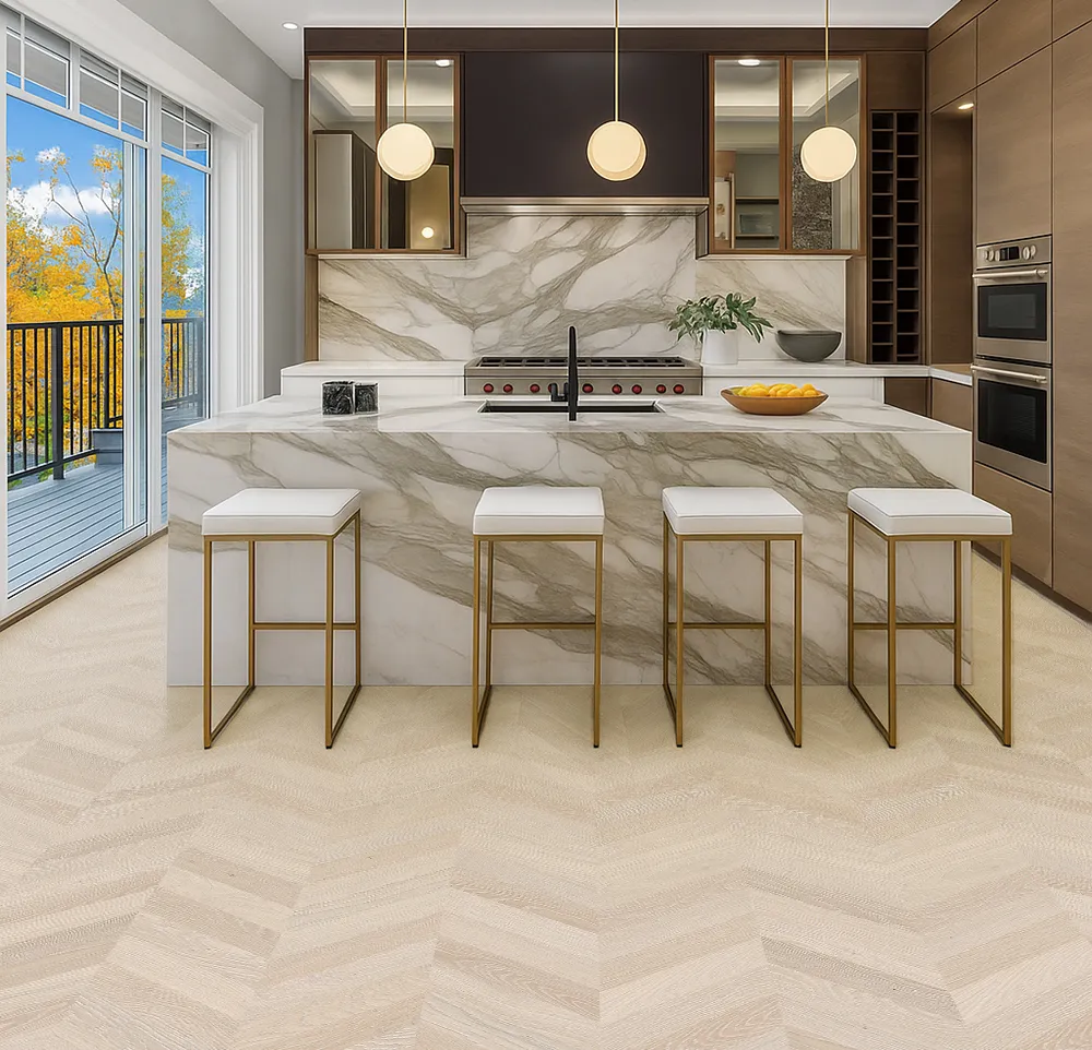 Light chevron cork flooring in a luxury kitchen with marble countertops and gold-accent bar stools.