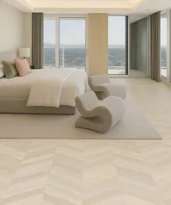 Spacious waterfront bedroom featuring soft-toned chevron cork flooring and minimalist décor.