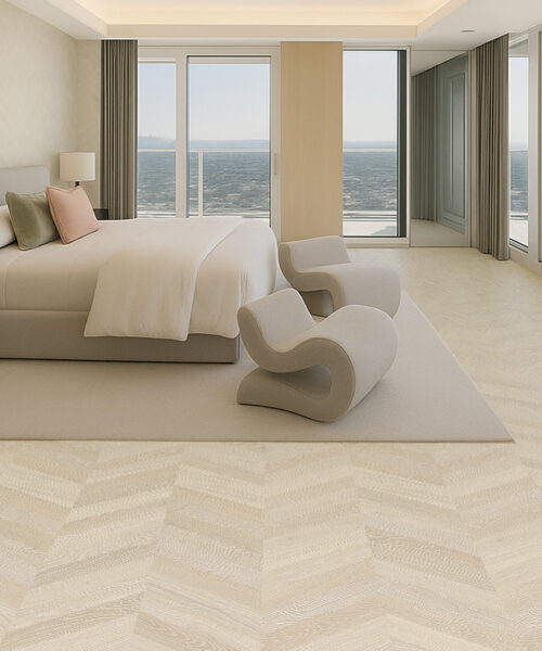 Spacious waterfront bedroom featuring soft-toned chevron cork flooring and minimalist décor.