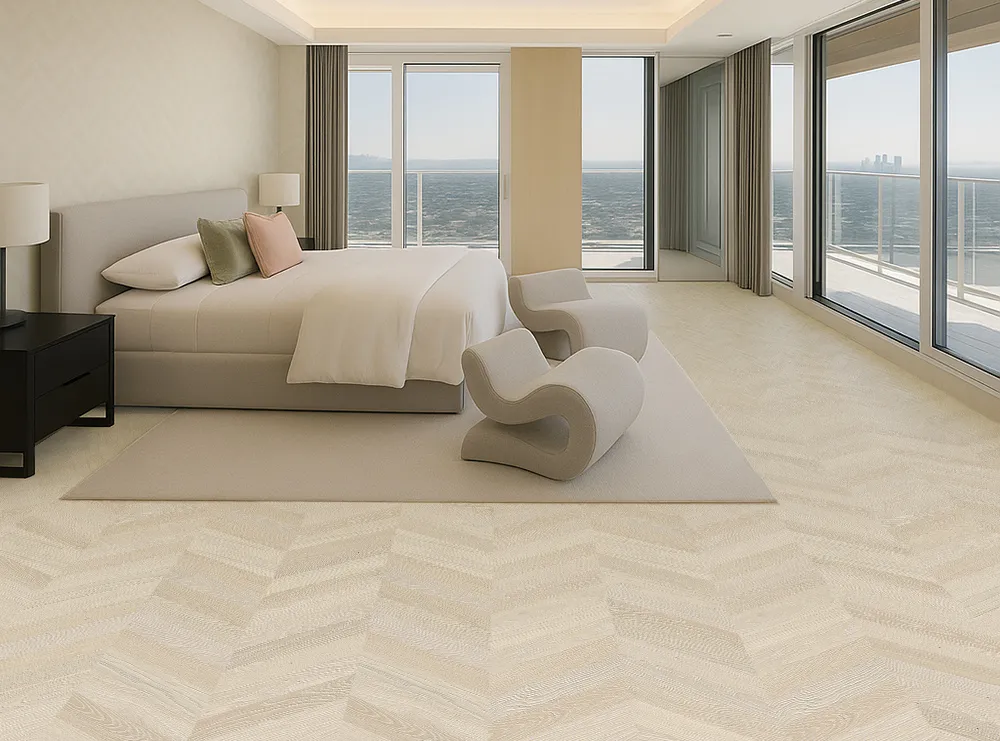 Spacious waterfront bedroom featuring soft-toned chevron cork flooring and minimalist décor.