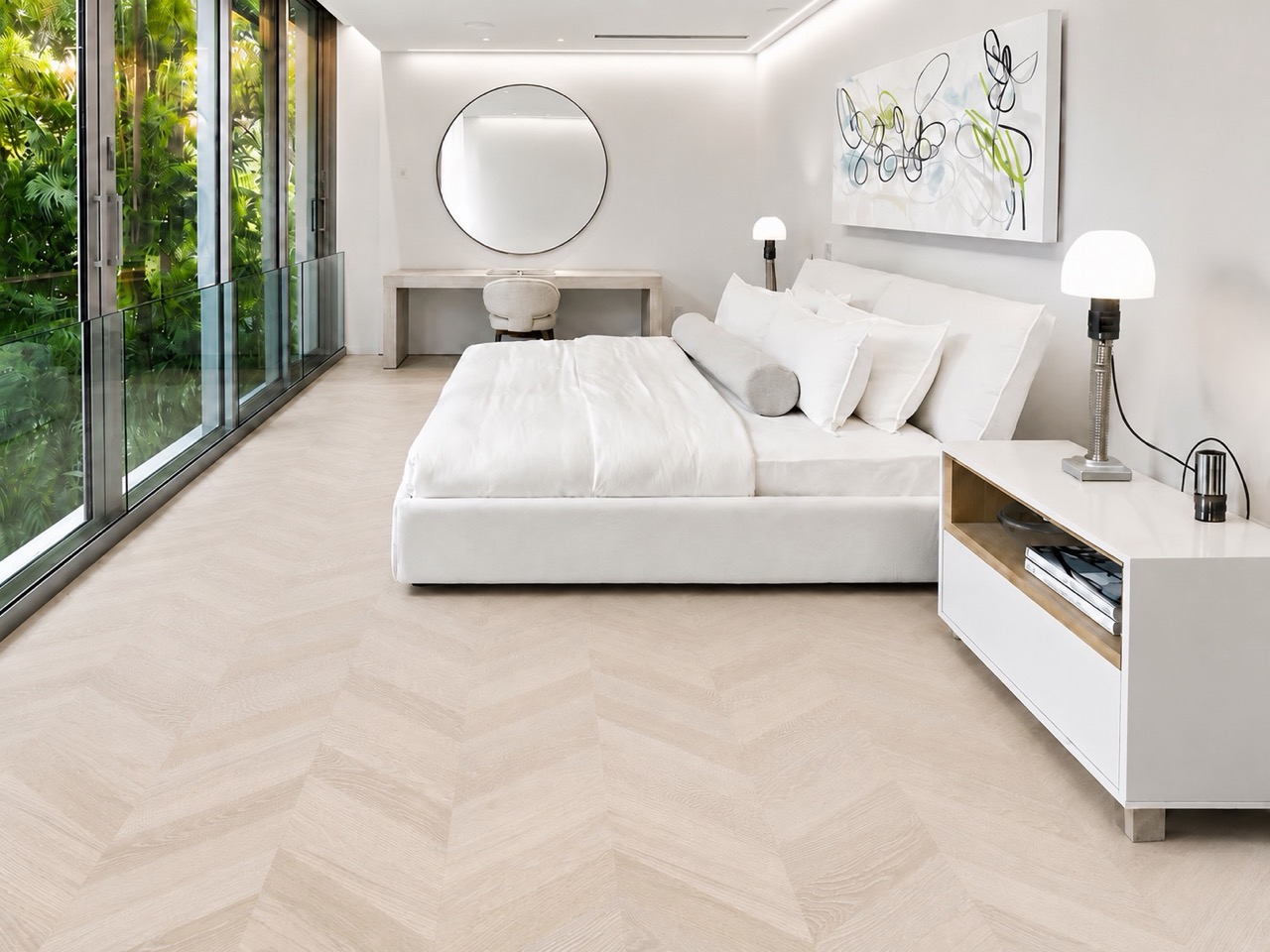 Clara Chevron - 7/16″ (11mm) – Swiss Design Cork Floating (FCla11) Clara Chevron eco-friendly cork flooring creates a calm geometric foundation in a white garden-view bedroom.