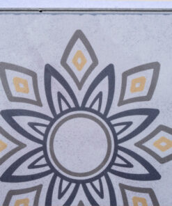 Classic Porcelain Swiss TechSlate flooring with an elegant floral medallion design, authentic porcelain tile appearance, subtle gray and gold accents, and durable modern flooring construction.