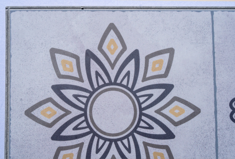 Classic Porcelain - 19/64" (7.5mm) - Swiss Techslate (MCPor7.5) Classic Porcelain Swiss TechSlate flooring with an elegant floral medallion design, authentic porcelain tile appearance, subtle gray and gold accents, and durable modern flooring construction.