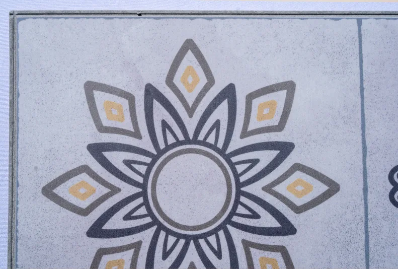 Classic Porcelain - 19/64" (7.5mm) - Swiss Techslate (MCPor7.5) Classic Porcelain Swiss TechSlate flooring with an elegant floral medallion design, authentic porcelain tile appearance, subtle gray and gold accents, and durable modern flooring construction.