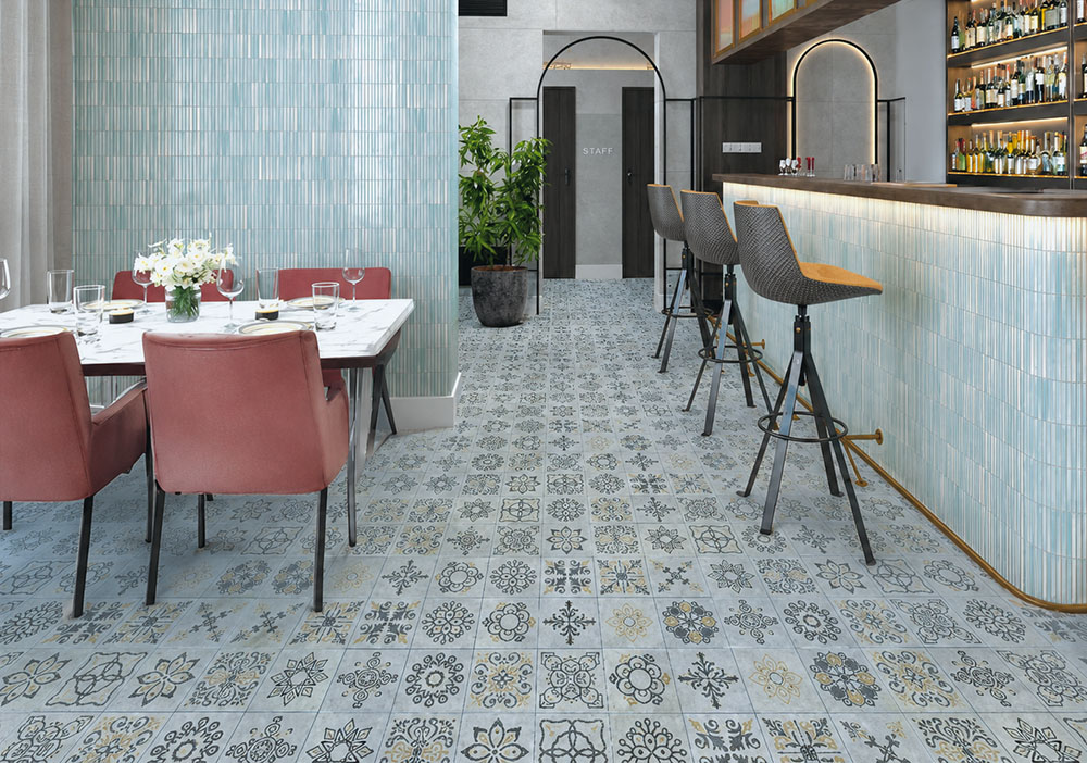Classic Porcelain - 19/64" (7.5mm) - Swiss Techslate (MCPor7.5) Classic Porcelain Swiss TechSlate light gray mineral-based flooring with floral medallion patterns in a contemporary restaurant dining and bar area.