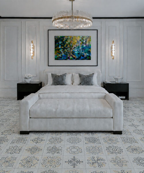 Classic Porcelain - 19/64" (7.5mm) - Swiss Techslate (MCPor7.5) Classic Porcelain Swiss TechSlate flooring in light gray with muted floral medallions in an elegant white bedroom with fireplace.