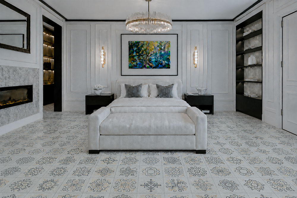 Classic Porcelain - 19/64" (7.5mm) - Swiss Techslate (MCPor7.5) Classic Porcelain Swiss TechSlate flooring in light gray with muted floral medallions in an elegant white bedroom with fireplace.