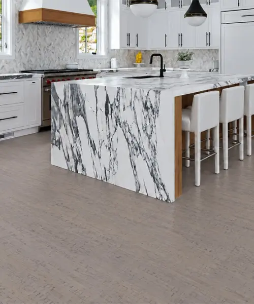 Gray Bamboo - 1/2" (12mm) - Cork Floating (FGB12) Gray Bamboo installed flooring in a furnished daylight interior; reviewed room view (CZ3378VZC)