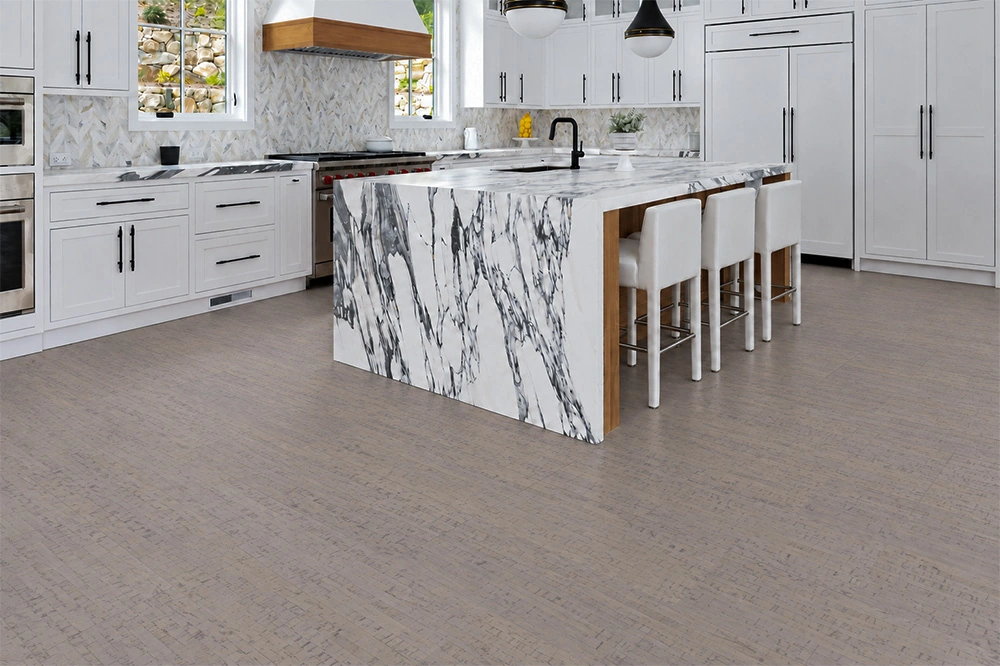 Gray Bamboo - 1/2" (12mm) - Cork Floating (FGB12) Gray Bamboo installed flooring in a furnished daylight interior; reviewed room view (CZ3378VZC)
