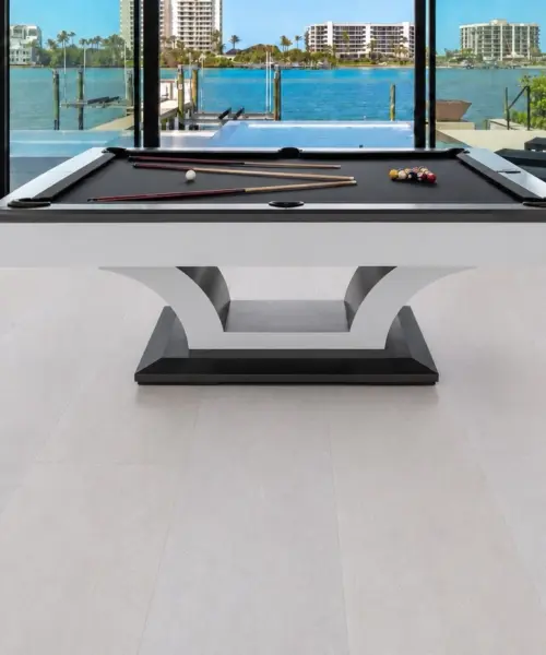 White Leather - 1/2" (12mm) - Cork Floating (FWL12) White Leather installed flooring in a furnished daylight interior; reviewed room view (CZ3384VWN)