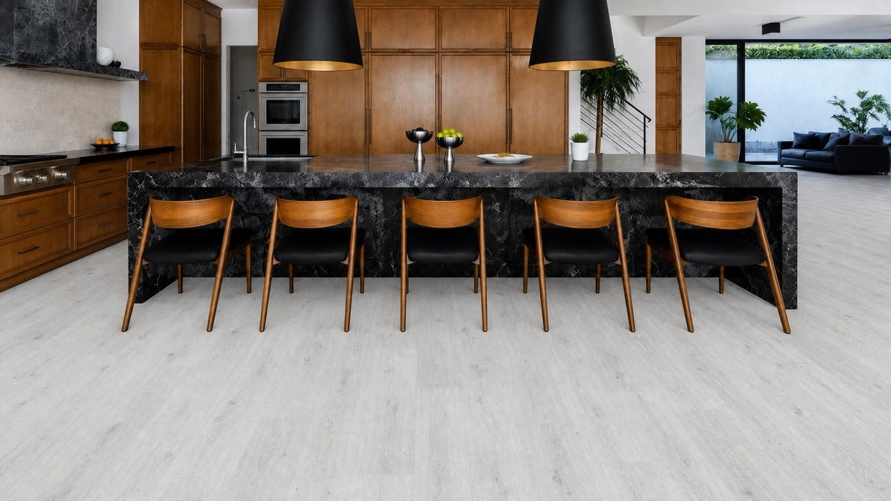 Como Oak White - 7/16" (11mm) - Swiss Design Cork Floating (FCOW11) Como Oak White installed flooring in a furnished daylight interior; reviewed room view (FCOW11)