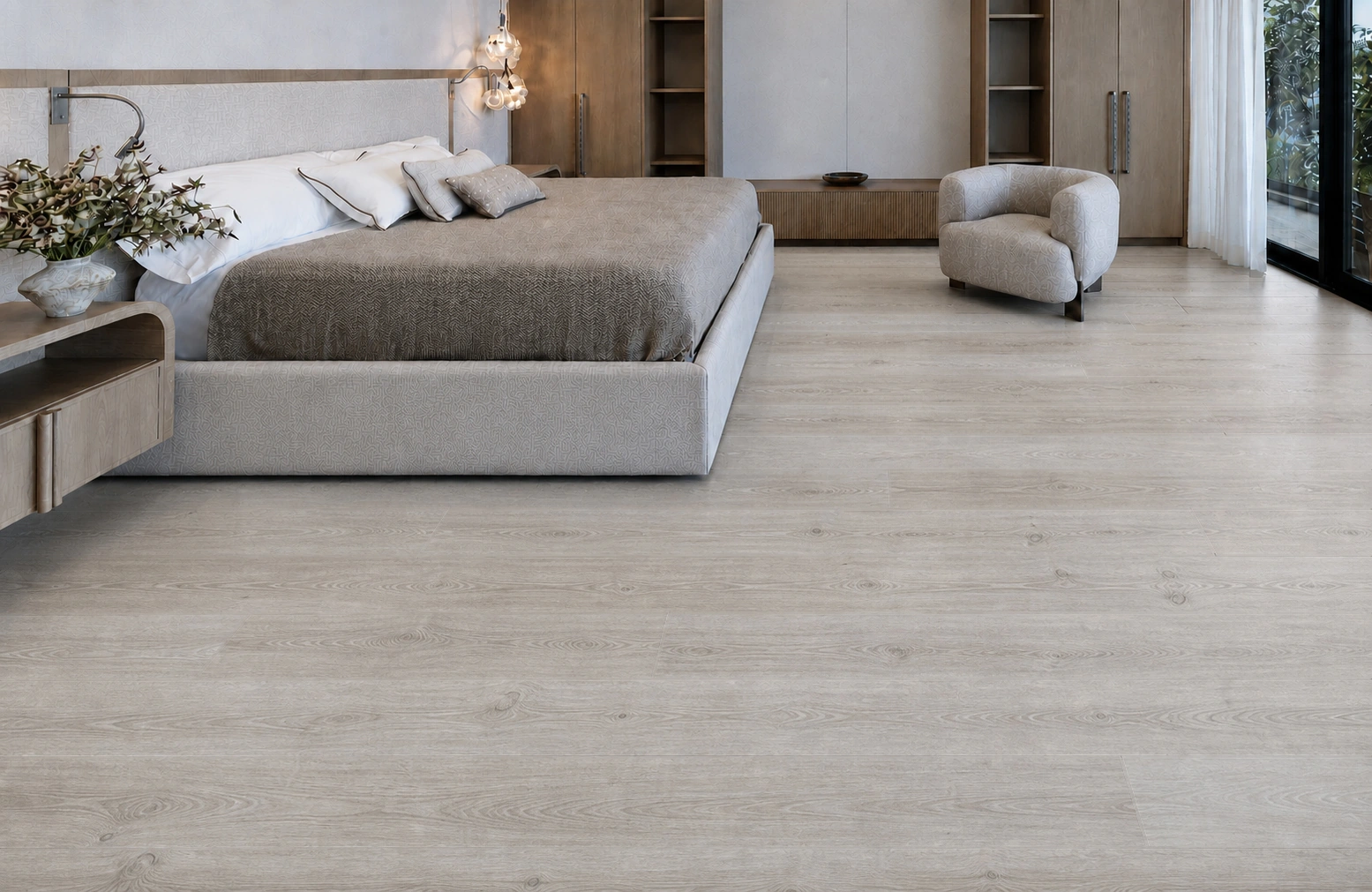 Light Grey Oak - 13/32" (10.5mm) - Design Cork Floating (FLG10.5) Light Grey Oak installed flooring in a furnished daylight interior; reviewed room view (FLG10.5)