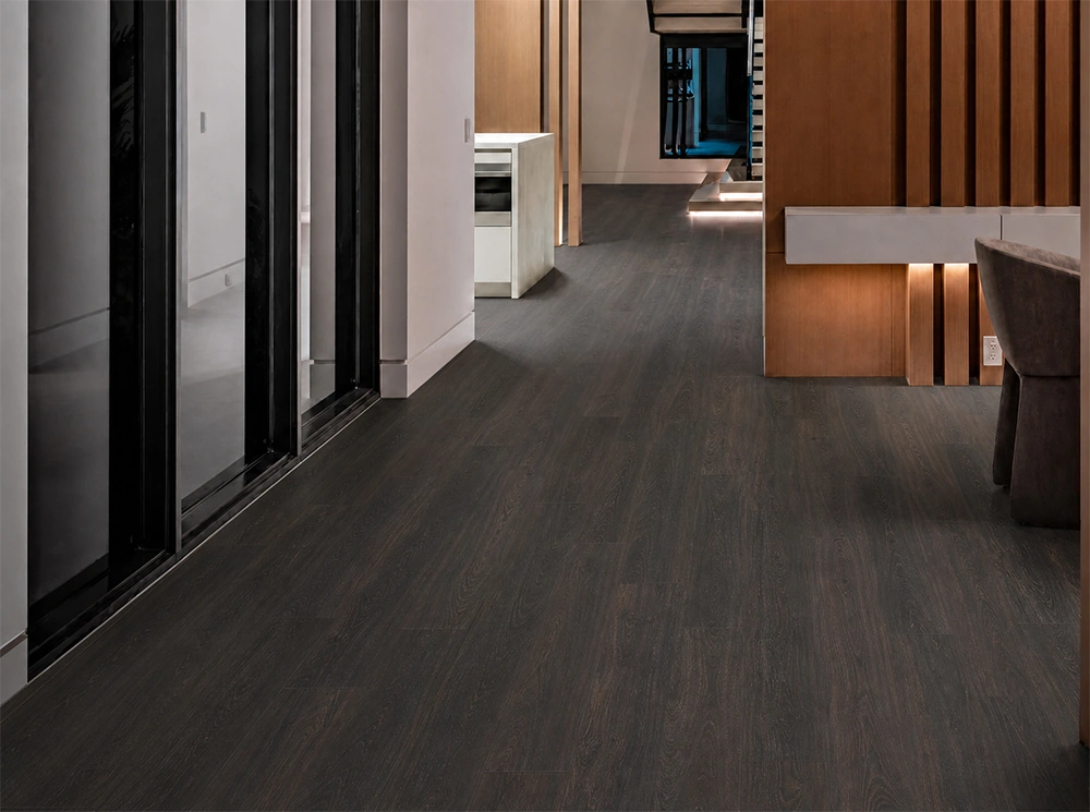 Mocha - 7/16" (11mm) - Swiss Design Cork Floating (FMoc11) Mocha installed flooring in a furnished daylight interior; reviewed room view (FMoc11)