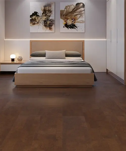 Parkland - 1/2″ (12mm) – Cork Floating (FPkld12) Parkland installed flooring in a furnished daylight interior; reviewed room view (FPkld12)