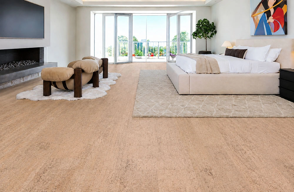 Rhythm – 7/16″ (11mm) – Swiss Real Cork Floating (FRhy11) Rhythm installed flooring in a furnished daylight interior; reviewed room view (FRhy11)