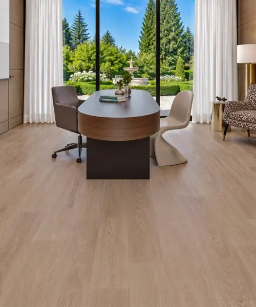 Sandstorm - 7/16" (11mm) - Swiss Design Cork Floating (FSan11) Sandstorm installed flooring in a furnished daylight interior; reviewed room view (FSan11)