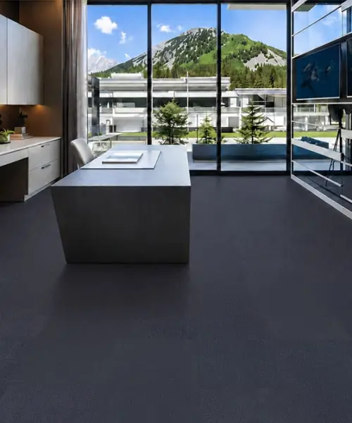 Black Buffalo – 13/32” (10.5mm) – Swiss Leather Flooring (LBkBuf10.5) Black Buffalo installed flooring in a furnished daylight interior; reviewed room view (LBkBuf10.5)