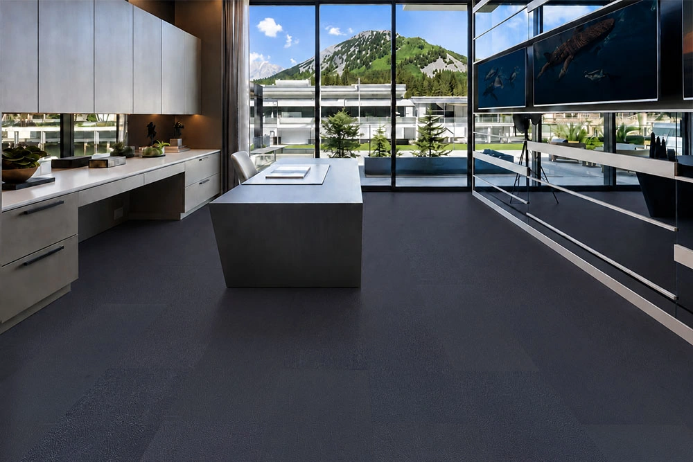 Black Buffalo – 13/32” (10.5mm) – Swiss Leather Flooring (LBkBuf10.5) Black Buffalo installed flooring in a furnished daylight interior; reviewed room view (LBkBuf10.5)