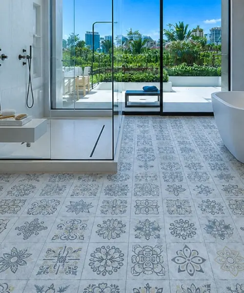 Classic Porcelain installed flooring in a furnished daylight interior; reviewed room view (MCPor7.5)