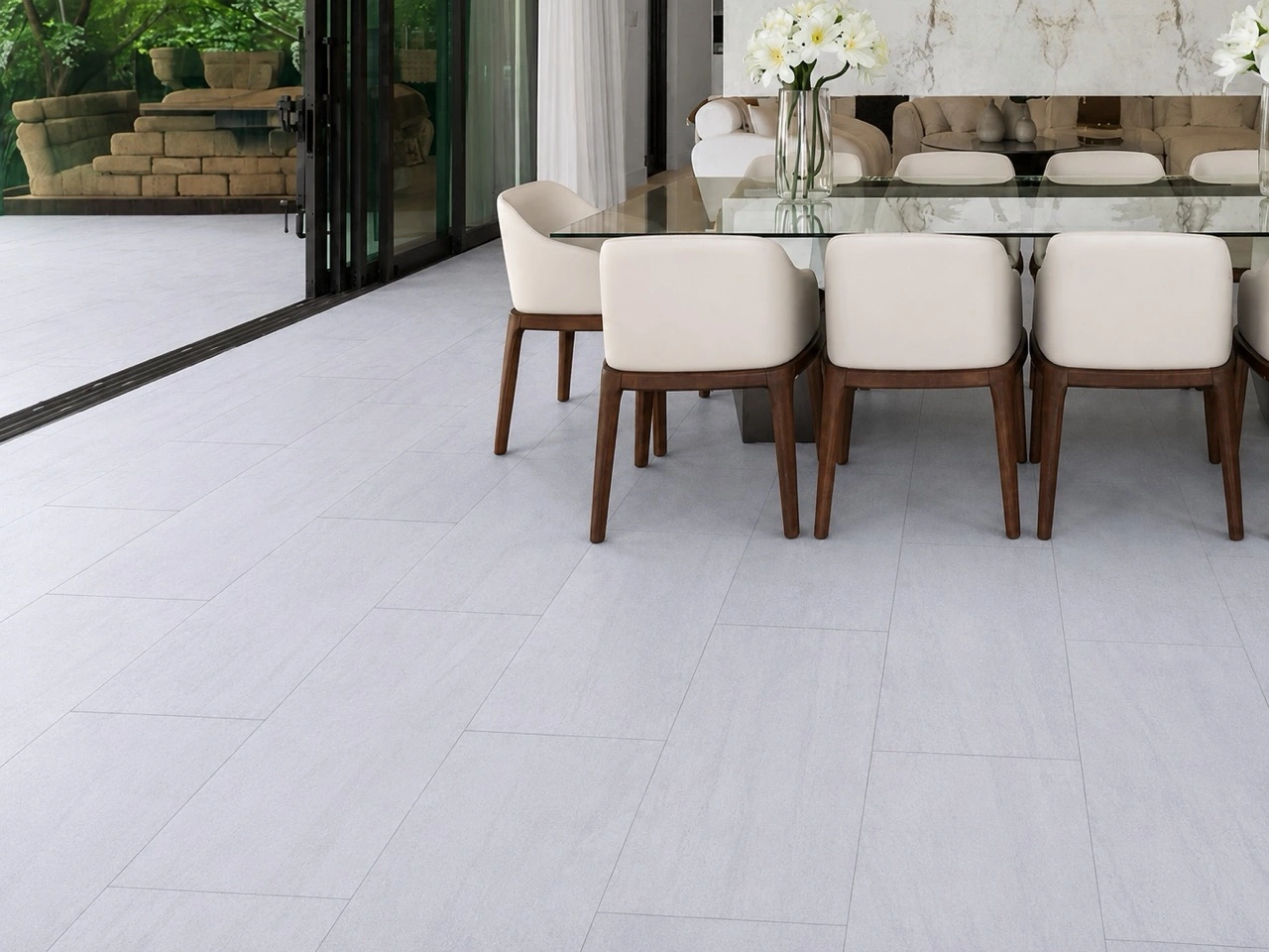Snowstone - 19/64" (7.5mm) - Swiss Techslate (MCSnows7.5) Snowstone installed flooring in a furnished daylight interior; reviewed room view (MCSnows7.5)