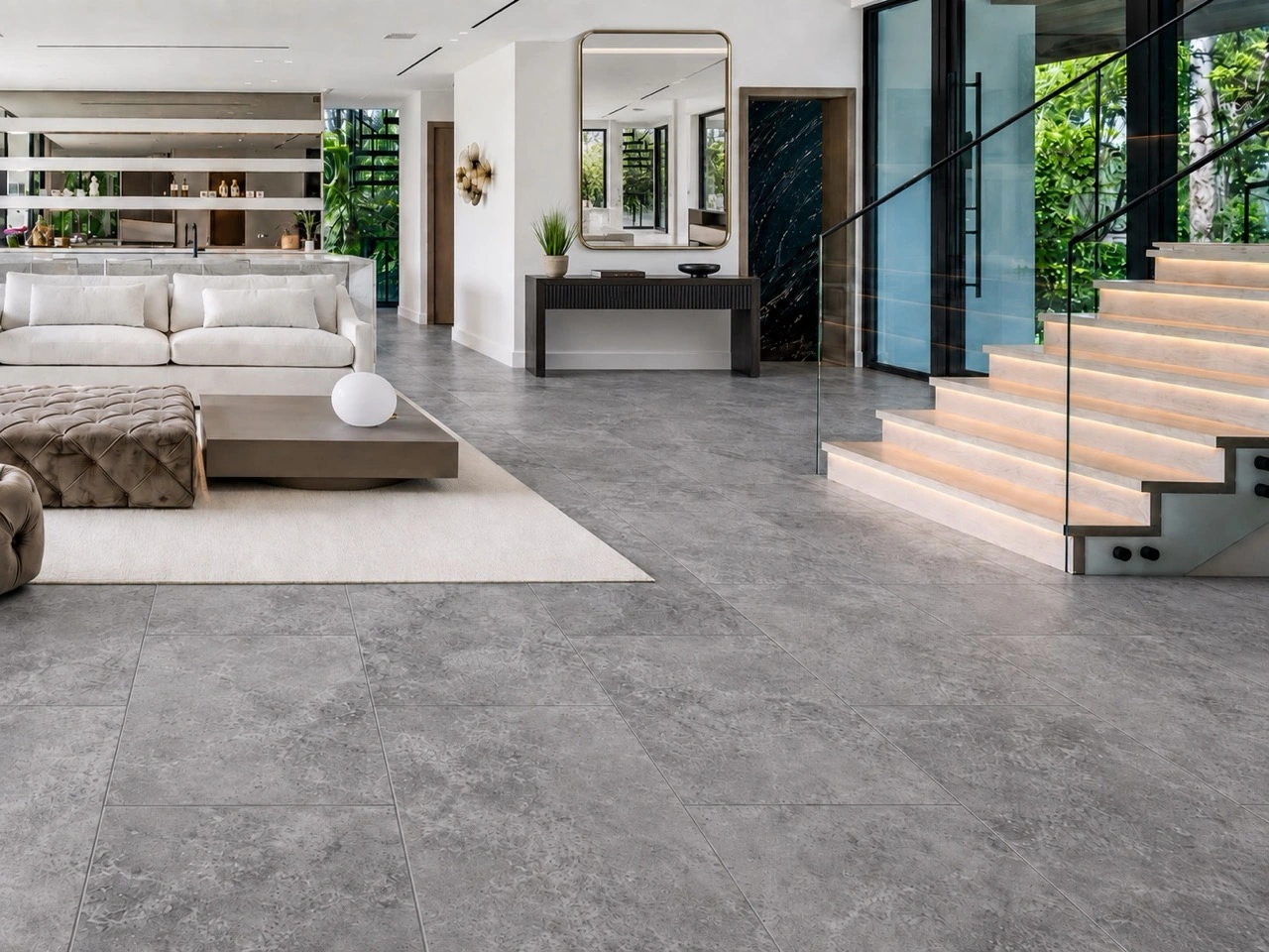 Midnight Slate - 19/64" (7.5mm) - Swiss Techslate (MMidS7.5) Midnight Slate installed flooring in a furnished daylight interior; reviewed room view (MMidS7.5)