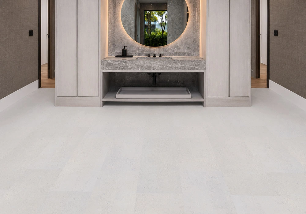 White Leather - 1/4" (6mm) - Cork Glue Down Tile (GWL6) White Leather installed flooring in a furnished daylight interior; reviewed room view (PF3384VWN-6.0)