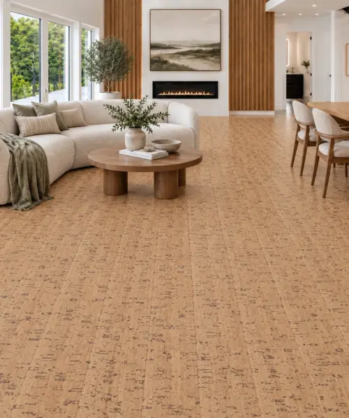 Silver Birch - 1/2" (12mm) - Cork Floating (FSB12) Silver Birch floor application in a furnished room, based on the original product reference