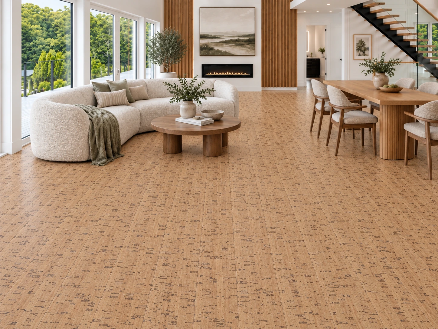 Silver Birch - 1/2" (12mm) - Cork Floating (FSB12) Silver Birch floor application in a furnished room, based on the original product reference