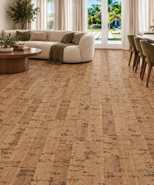 Linea Dark - 7/16" (11mm) - Swiss Real Cork Floating (FLin11) Linea Dark floor application in a furnished room, based on the original product reference