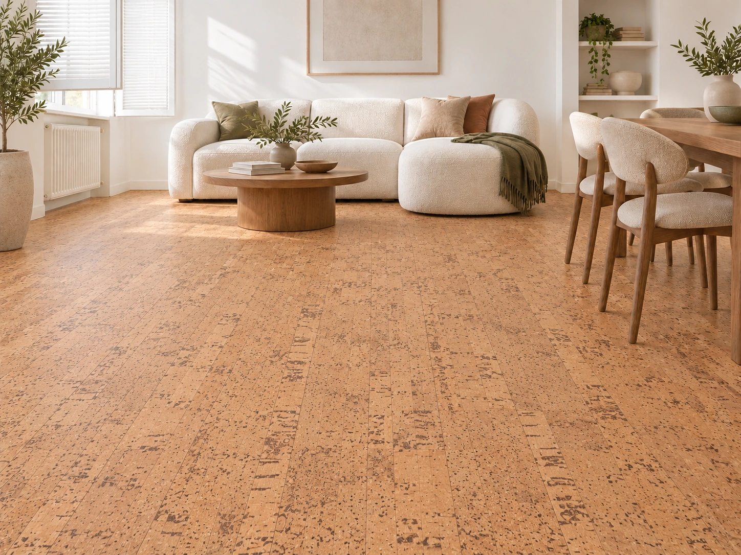Quadro-B - 7/16” (11mm) - Swiss Real Cork Floating (FQuaB11) Quadro floor application in a furnished room, based on the original product reference