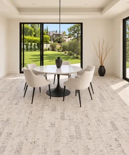Stratum – 7/16″ (11mm) – Swiss Real Cork Floating (FStra11) Stratum floor application in a furnished room, based on the original product reference