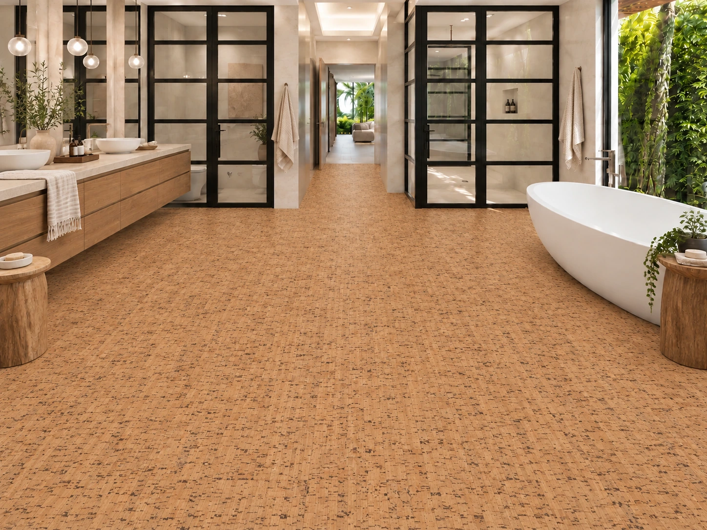 Silver Birch - 1/4" (6mm) - Cork Glue Down Tile (GSB6) Silver Birch floor application in a furnished room, based on the original product reference