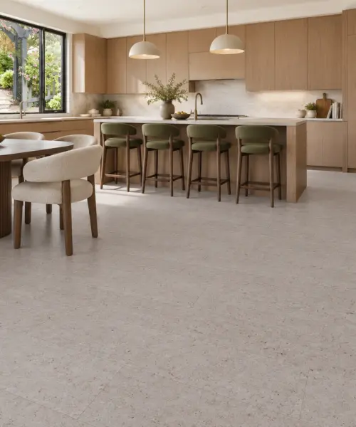 Terrazzo installed flooring in a furnished daylight interior; accurate product scale visualization (CK3390VCN)