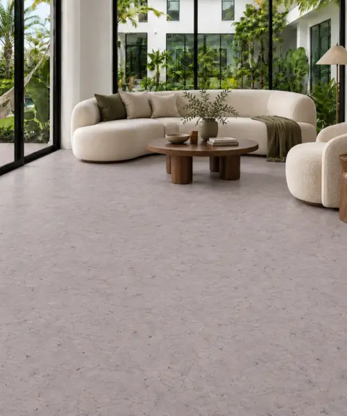 Grano installed flooring in a furnished daylight interior; accurate product scale visualization (CM3390WTT)