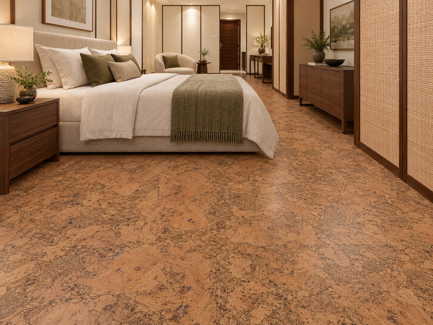 Tasmanian Burl - 1/2" (12mm) - Cork Floating (FTBu12) Tasmanian Burl installed flooring in a furnished daylight interior; accurate product scale visualization (CZ3333VML)
