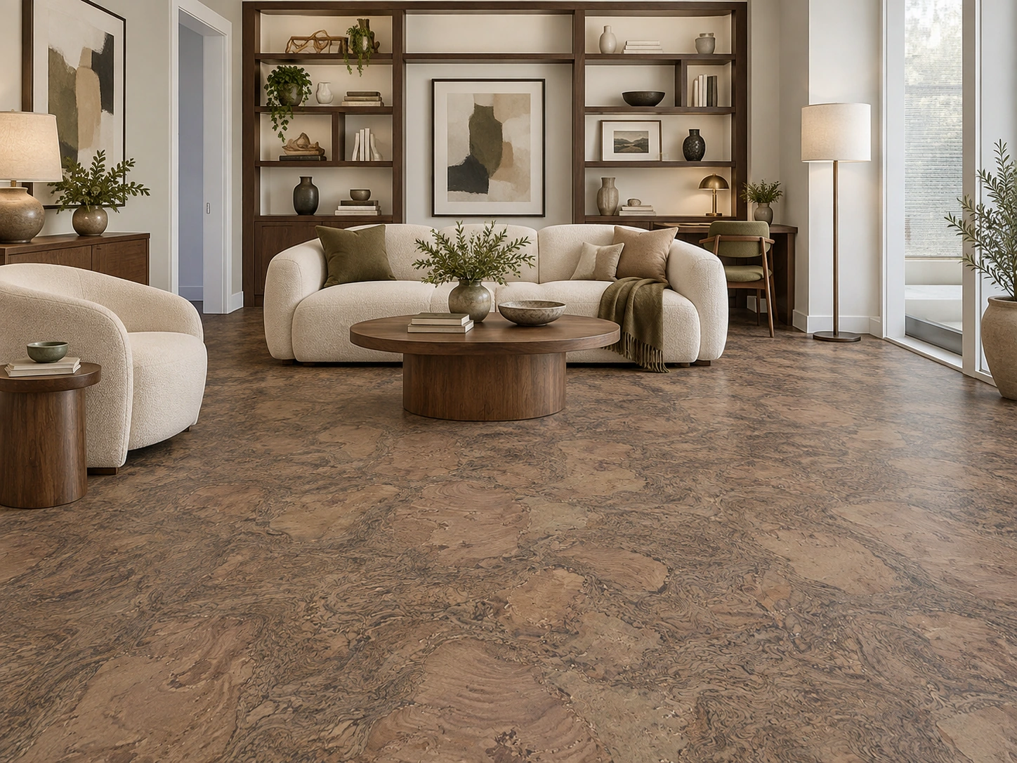 Walnut Burlwood - 1/2" (12mm) - Cork Floating (FWBu12) Walnut Burlwood installed flooring in a furnished daylight interior; accurate product scale visualization (CZ3333VPT)