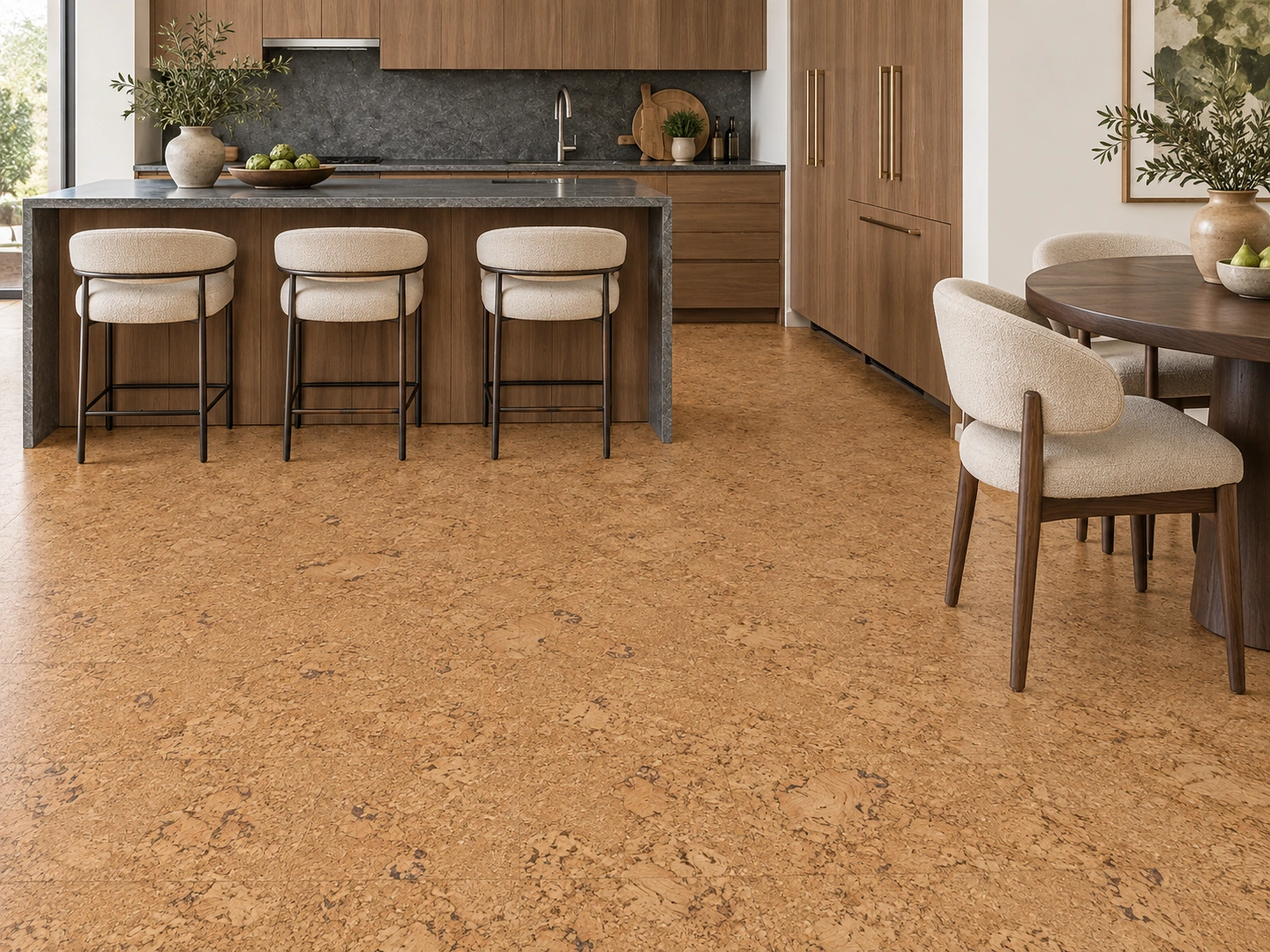 Salami - 1/2" (12mm) - Cork Floating (FSal12) Salami installed flooring in a furnished daylight interior; accurate product scale visualization (CZ3344VNN)