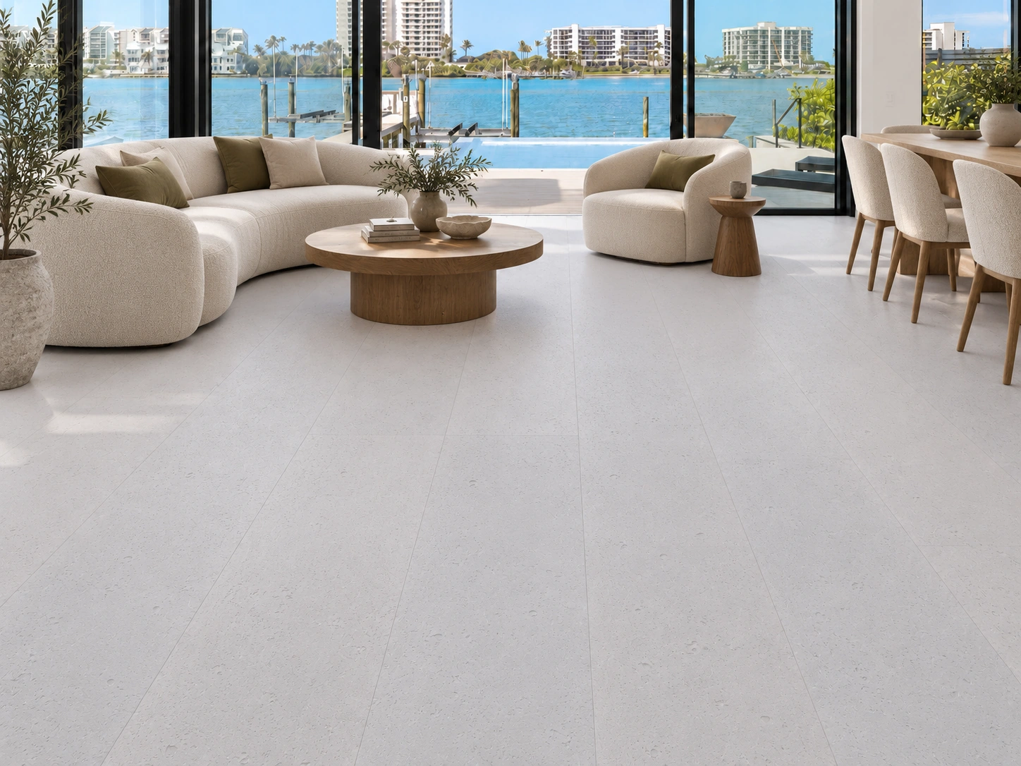 White Leather - 1/2" (12mm) - Cork Floating (FWL12) White Leather installed flooring in a furnished daylight interior; accurate product scale visualization (CZ3384VWN)