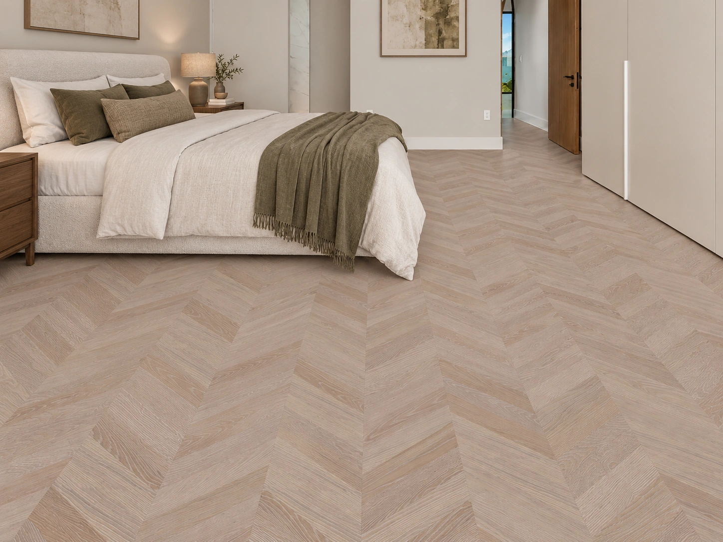 Aurora Chevron - 7/16″ (11mm) - Swiss Design Cork Floating (FAuro11) Aurora Chevron installed flooring in a furnished daylight interior; accurate product scale visualization (FAuro11)