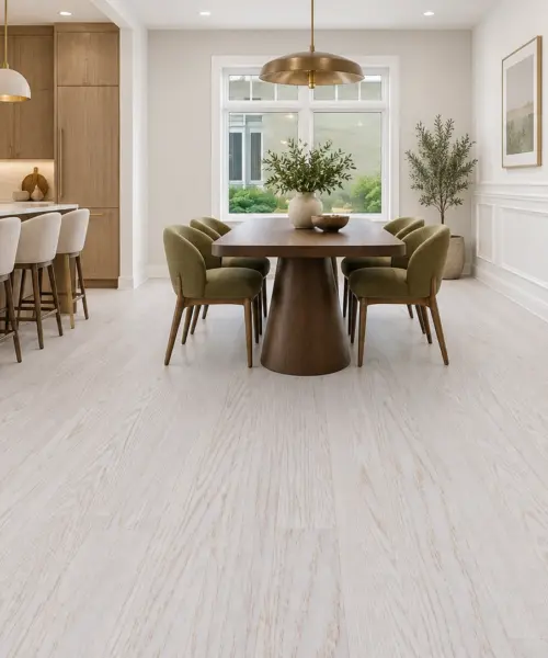 Snow Cap installed flooring in a furnished daylight interior; accurate product scale visualization (FCap9.7)