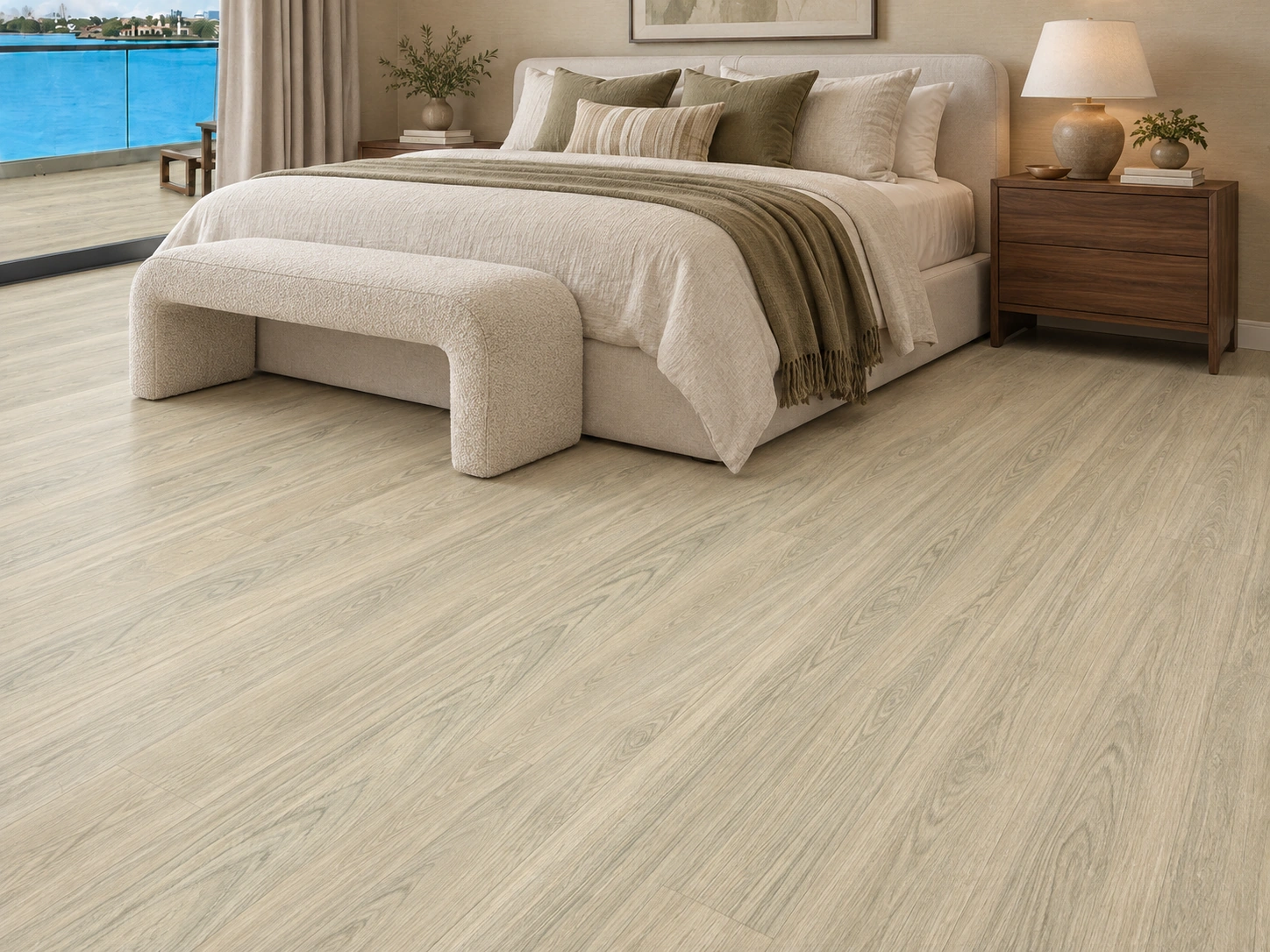 Hamilton installed flooring in a furnished daylight interior; accurate product scale visualization (FHam11)