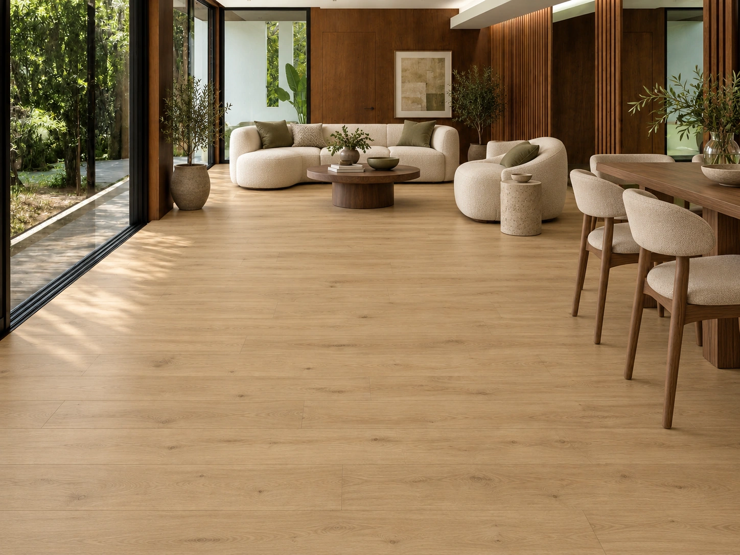 Long Beach installed flooring in a furnished daylight interior; accurate product scale visualization (FLB11)