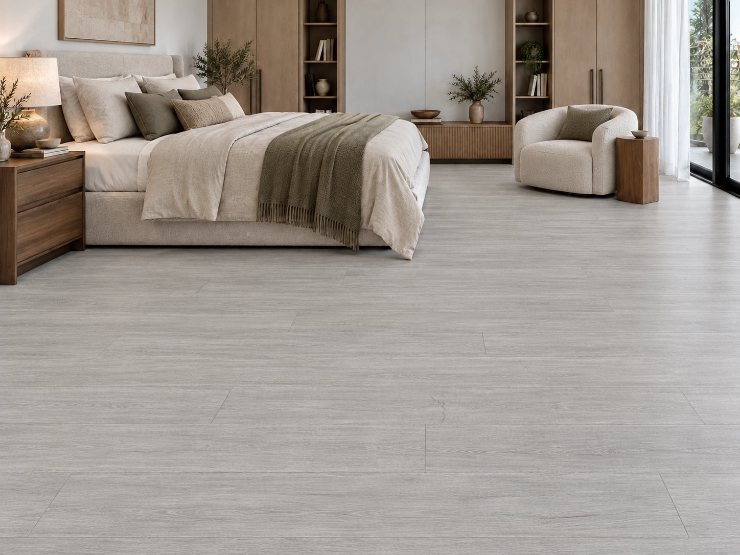 Light Grey Oak installed flooring in a furnished daylight interior; accurate product scale visualization (FLG10.5)